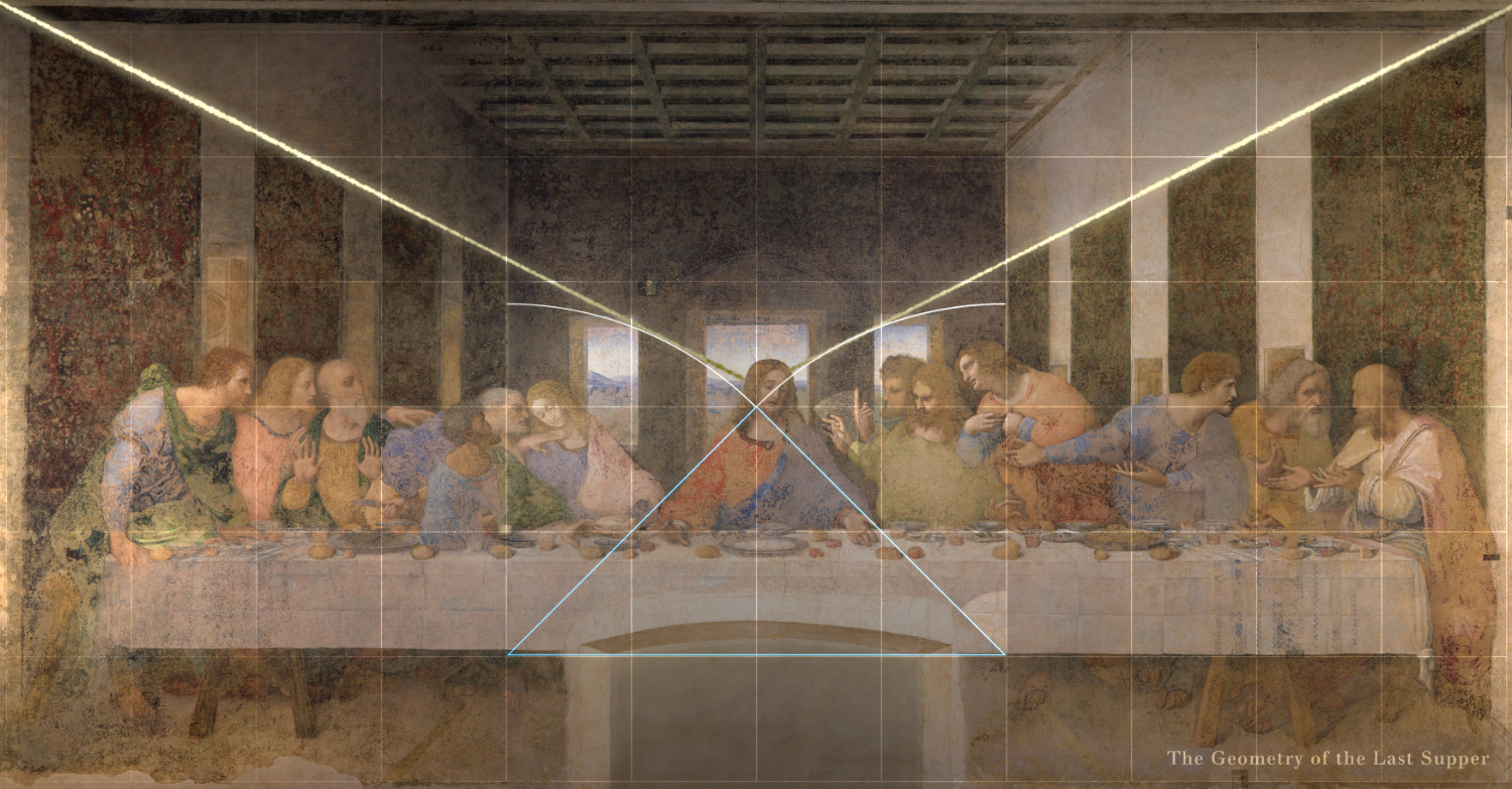 From The Geometry of the Last Supper by Raphaël Mouterde. It shows the triangle on the grid and the arc created by the rotation of the side of the triangle to  the vertical. The main perspective line suggested by the top of the tapestires has the same slope than the diagonal of the grid and is tangent to the arc.