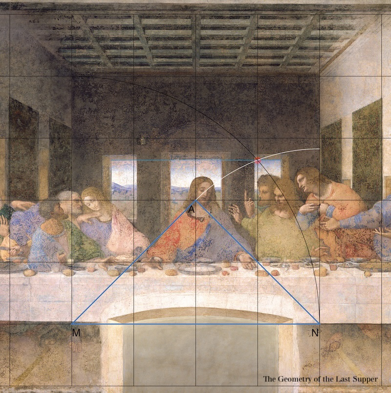 From the Geometry of the Last Supper by Raphaël Mouterde. It shows the triangle on the grid and the arc created by the rotation of the triangle's base. The arc intersects the grid and gives the height of the windows and the cornice. It is also tangent to the pediment. 