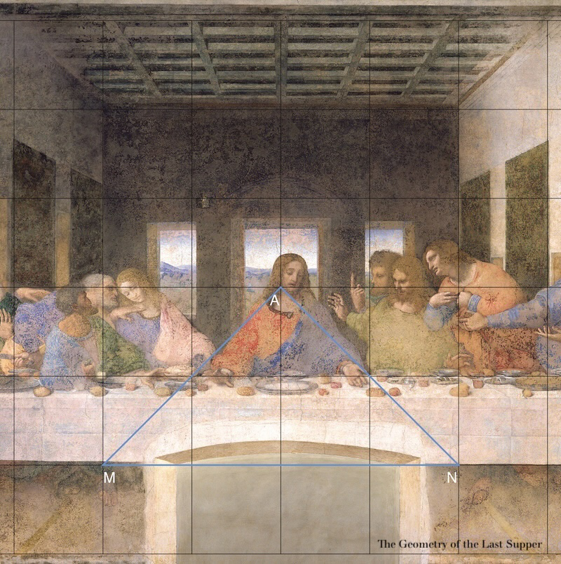 From The Geometry of the Last Supper by Raphaël Mouterde. It shows a close-up of Jesus and the first group of disciples seated next to him on either side. There is an overlay of the grid with the triangle of base 4, height 2 and its apex at the centre of the grid. The open arms of Jesus suggest such a triangle, key to the geometry of the Last Supper.